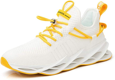 White w/Yellow Laces Men's Running Shoes Breathable Mesh Sneakers