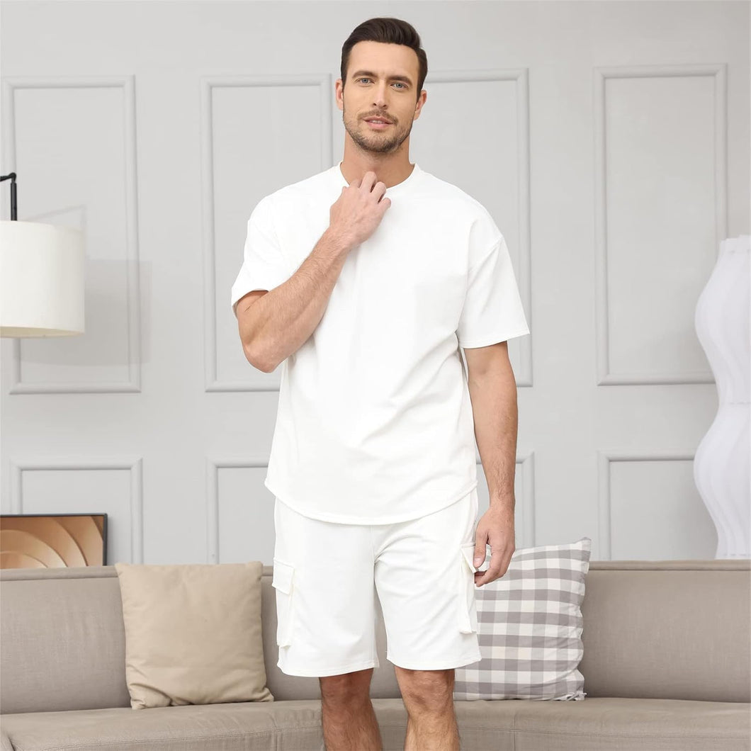 Men's White Cargo Style Short Sleeve Shirt & Shorts Set