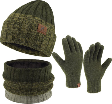 Men's Warm Army Green Beanie Knit Hat, Scarf & Gloves Set