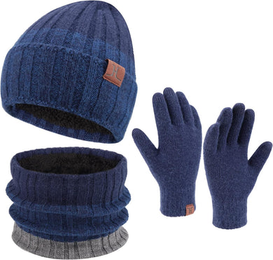 Men's Warm Blue Beanie Knit Hat, Scarf & Gloves Set