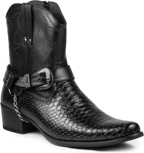 Men's Faux Crocodile Embossed Black Buckle Chair Cowboy Boots