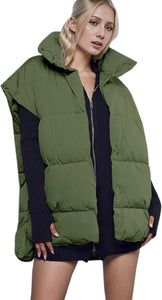 High Collar Army Green Oversized Sleeveless Puffer Vest Winter Coat