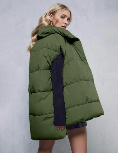 High Collar Army Green Oversized Sleeveless Puffer Vest Winter Coat