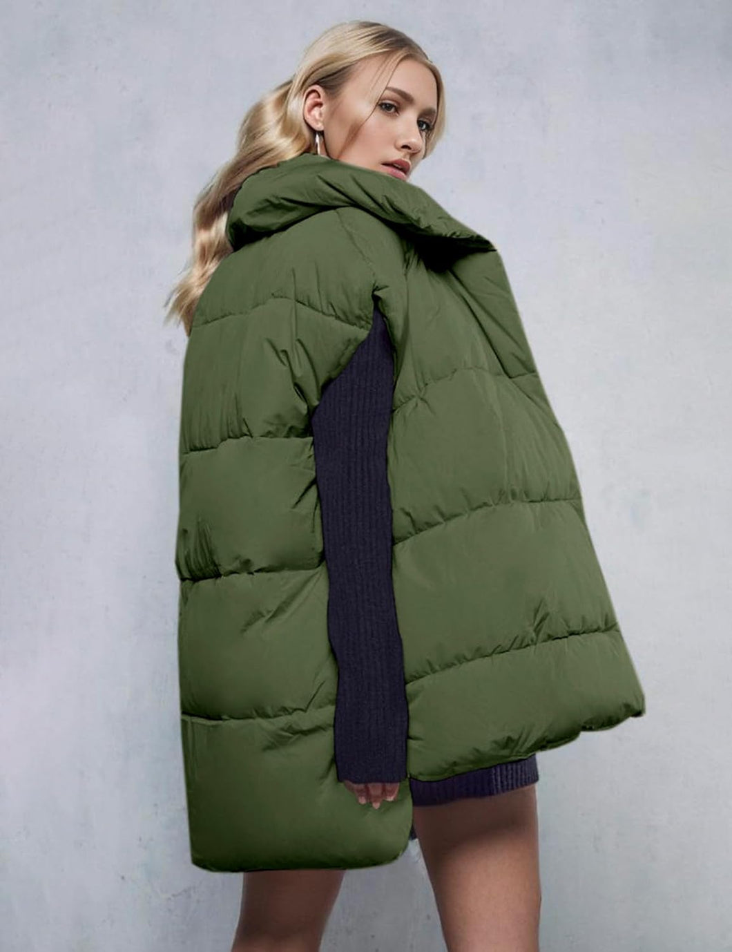 High Collar Army Green Oversized Sleeveless Puffer Vest Winter Coat