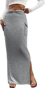 Soft Stretch Grey Knit Maxi Skirt