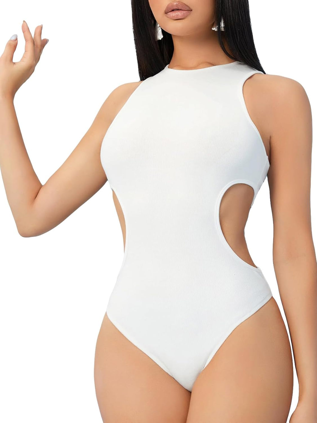 White Knit Sleeveless Cut Out Bodysuit