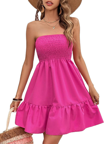 Barb Pink Smocked Strapless Ruffle Mini Dress