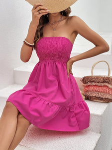 Barb Pink Smocked Strapless Ruffle Mini Dress