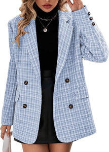 Fashionable Plaid Blue Tweed Long Sleeve Blazer Jacket