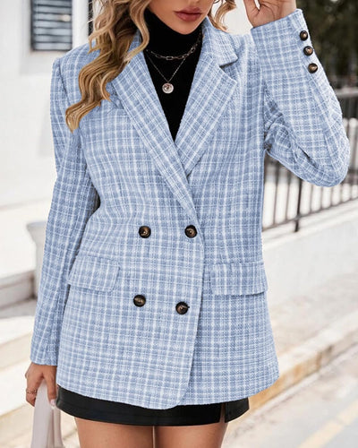 Fashionable Plaid Blue Tweed Long Sleeve Blazer Jacket