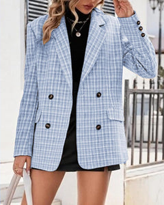 Fashionable Plaid Blue Tweed Long Sleeve Blazer Jacket