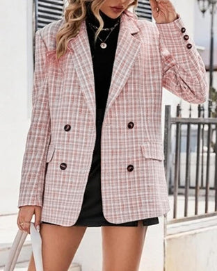 Fashionable Plaid Pink Tweed Long Sleeve Blazer Jacket