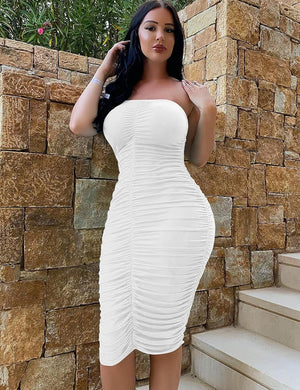 Ruched Sweetheart White Strapless Midi Dress
