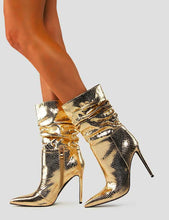 Load image into Gallery viewer, Gold Snakeskin Metallic Stiletto Heel Mid Calf Boots