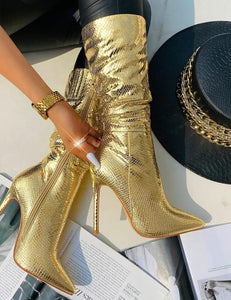 Gold Snakeskin Metallic Stiletto Heel Mid Calf Boots