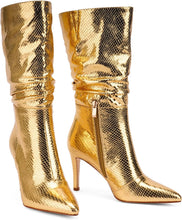 Load image into Gallery viewer, Silver Snakeskin Metallic Stiletto Heel Mid Calf Boots