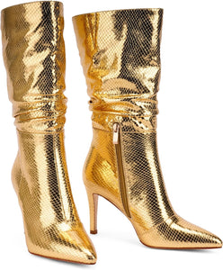 Gold Snakeskin Metallic Stiletto Heel Mid Calf Boots