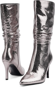 Black Snakeskin Metallic Stiletto Heel Mid Calf Boots