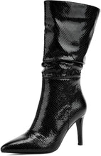 Load image into Gallery viewer, Black Snakeskin Metallic Stiletto Heel Mid Calf Boots
