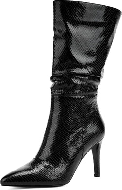 Black Snakeskin Metallic Stiletto Heel Mid Calf Boots