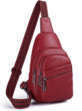 Red Leather Front Zipper Pocket Crossbody Travel Sling Bag