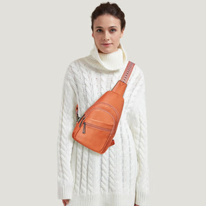 Orange Leather Front Zipper Crossbody Travel Sling Bag