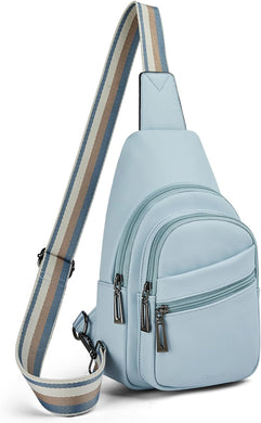 Light Blue Leather Front Zipper Crossbody Travel Sling Bag