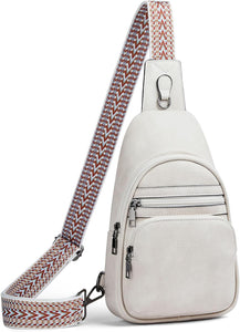 White Leather Front Zipper Pocket Crossbody Travel Sling Bag