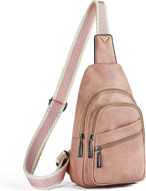 Soft Pink Leather Front Zipper Crossbody Travel Sling Bag