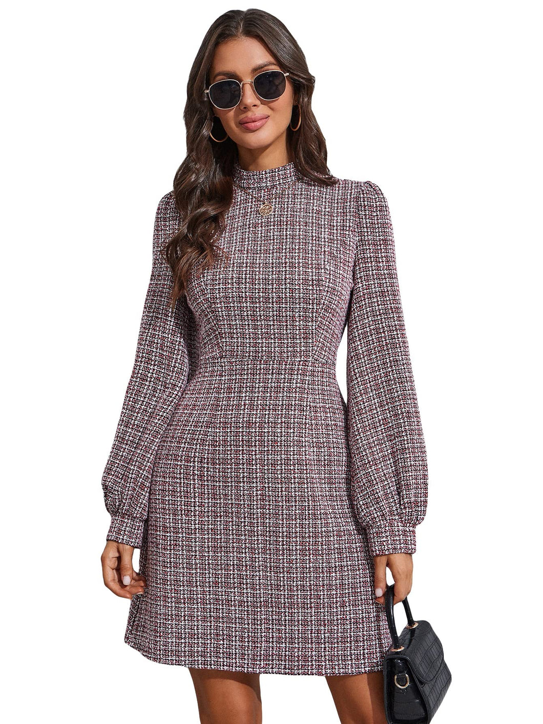 Multicolor Plaid Tweed Long Sleeve Dress