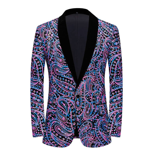 Multicolour Men's Purple Floral Sequin Formal Long Sleeve Blazer