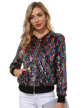 Load image into Gallery viewer, Multicolor Sequin Embellished Bomber Long Sleeve Jacket