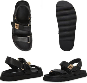 Black Leather Buckle Strap Comfy Open Toe Sandals