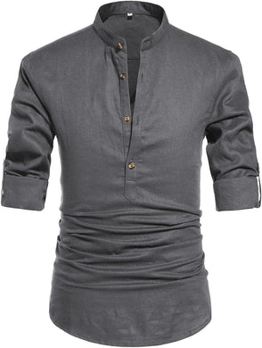 Stylish Dark Grey Men's Cotton Linen Long Sleeve Shirt