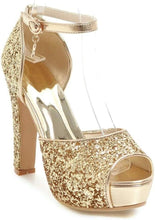 Load image into Gallery viewer, Gold Sequin Glitter Platform Open Toe Ankle Strap Heels