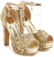 Load image into Gallery viewer, Gold Sequin Glitter Platform Open Toe Ankle Strap Heels