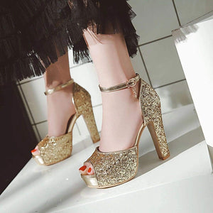 Gold Sequin Glitter Platform Open Toe Ankle Strap Heels