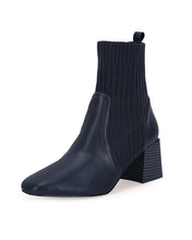 Load image into Gallery viewer, Navy Leather Knit Chunky Heel Ankle Boots