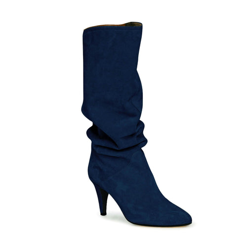 Navy Slouchy Kitten Heel Wide Calf Boots