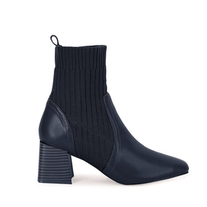Navy Leather Knit Chunky Heel Ankle Boots