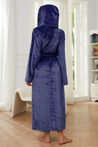 Navy Blue Warm Hooded Fleece Long Sleeve Robe