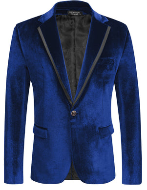 Navy Blue Men's Designer Style Velvet Lapel Long Sleeve Blazer