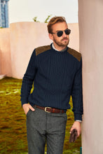 Load image into Gallery viewer, Navy Blue Men&#39;s Suede Patchwork Cable Knit Sweater