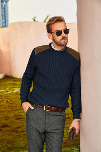 Navy Blue Men's Suede Patchwork Cable Knit Sweater
