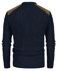 Navy Blue Men's Suede Patchwork Cable Knit Sweater
