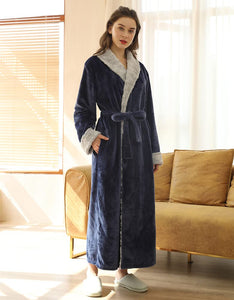 Navy Blue Luxury Faux Fur Plush Long Sleeve Robe
