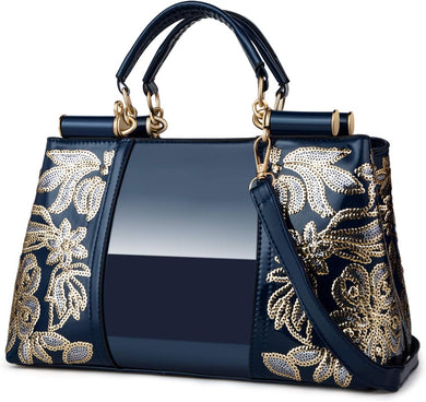 Metallic Studded Navy Blue Top Handle Luxury Embroidered Handbag