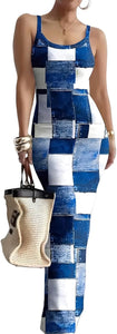 Summer Blue White Yellow Stripe Sleeveless Maxi Dress