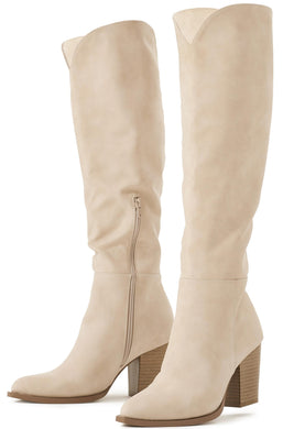 Nude Suede Pointed Toe Knee High Boots