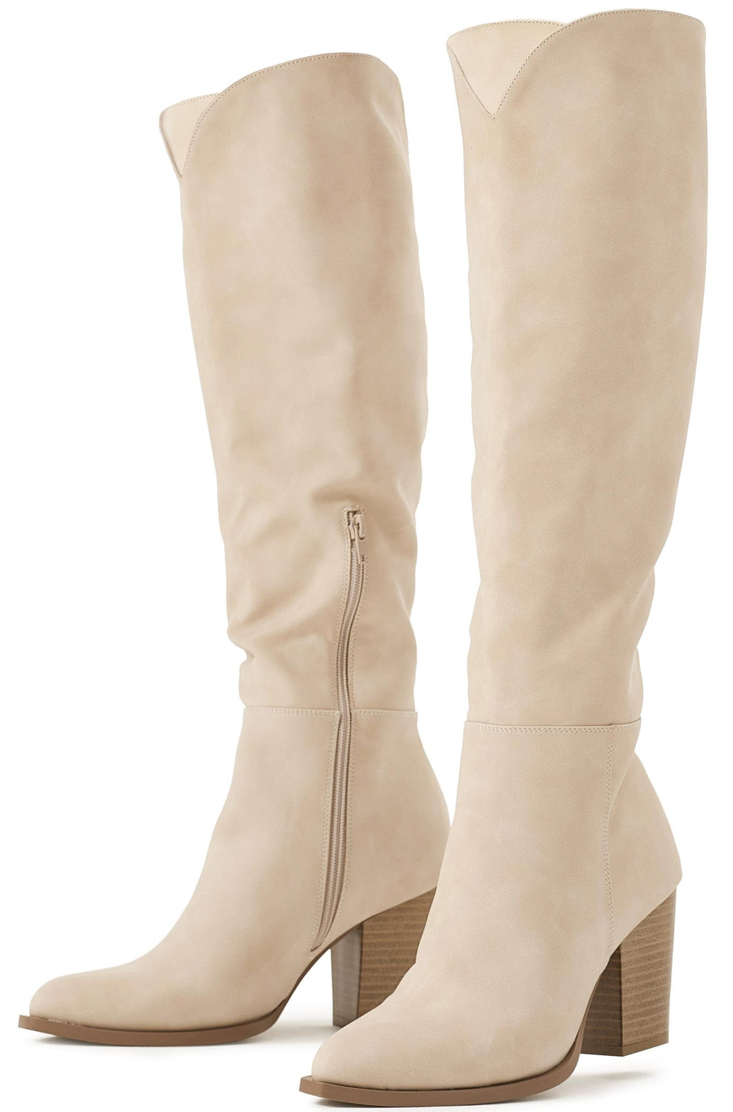 Nude Suede Pointed Toe Knee High Boots